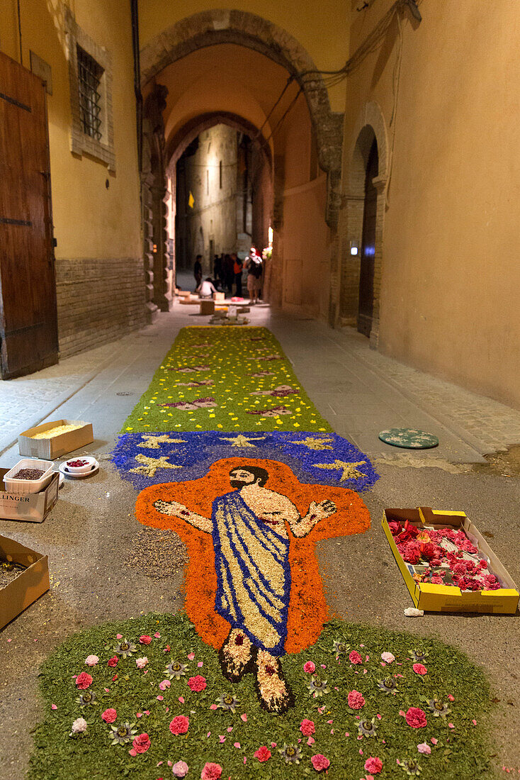 Europe, Umbria, italy, Perugia district, Spello, Artistic sacred figures realized with flowers on the occasion of the Corpus Christi