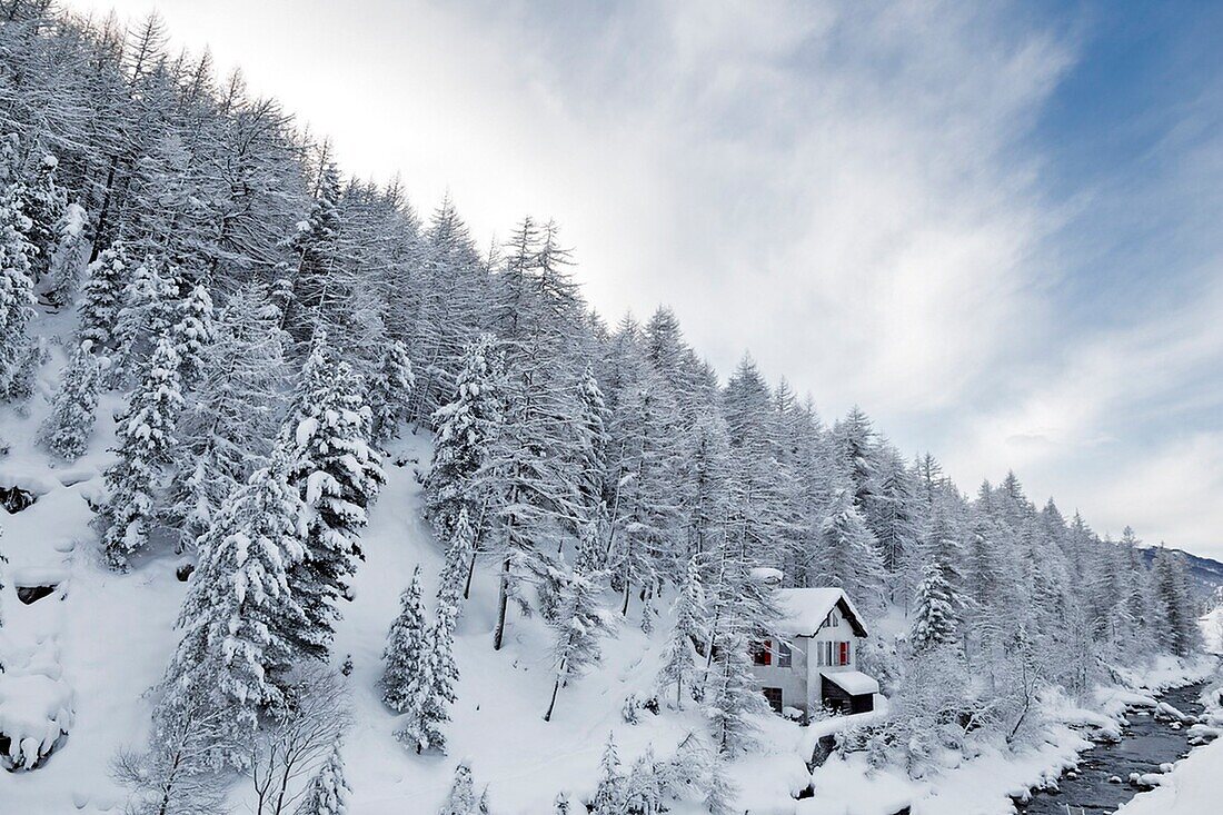 Chisone Valley, Piedmont, Turin, Italy, White winter house