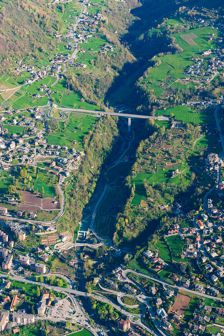 Aerial view of Aosta city, Aosta Valley, Italy, Europe