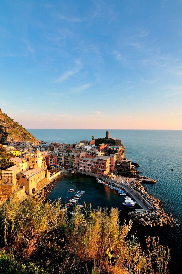 View of Vernazza at sunset, Liguria, Italy