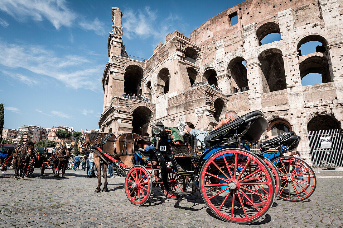 Rome, Lazio, Italy, Colosseum, Carriage and tourists
