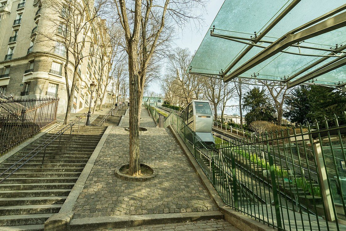 Funicular near Basilica Sacre Coeur Sacred Heart, Montmartre, Paris, France