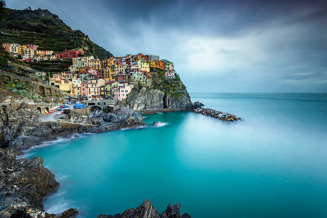 Long exposure of Manarola, Cinque Terre, Riviera di Levante, Liguria, Italy