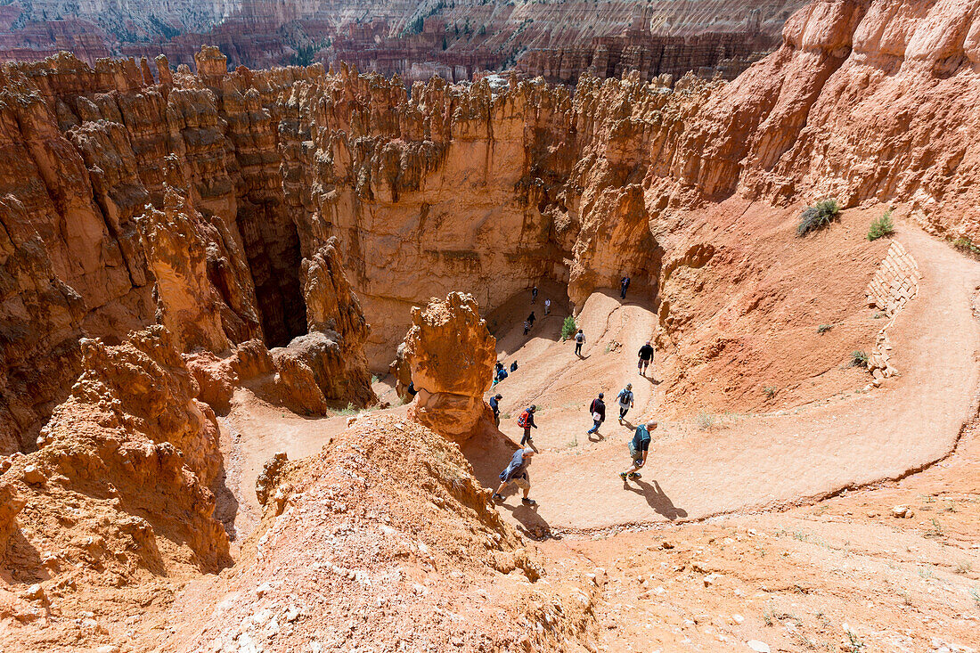 Hikers on Wall Street section of Navajo Loop Trail, Bryce Canyon National Park, Garfield County, Utah, USA