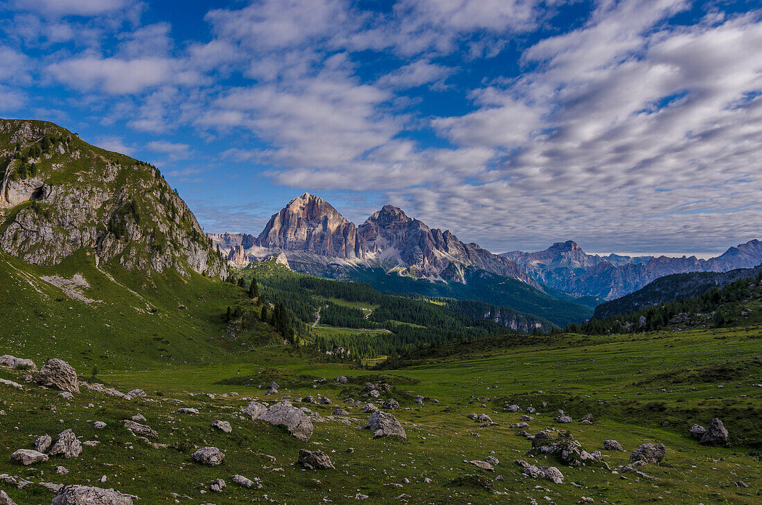 Val Cernera, Giau Pass, Dolomites, Belluno, Veneto, Italy, Panoramic view of Tofane from Val Cernera