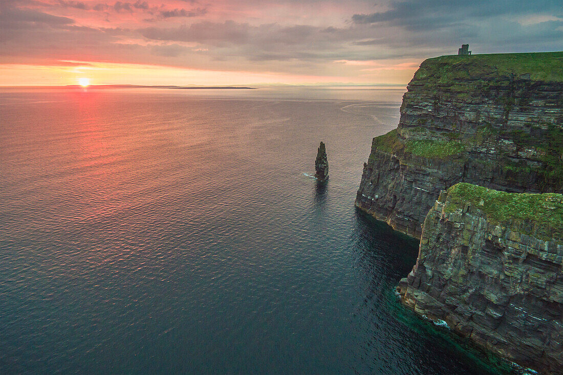 Cliffs of Moher Aillte an Mhothair , Doolin, County Clare, Munster province, Ireland, Europe, Aerial view of the cliffs at sunset
