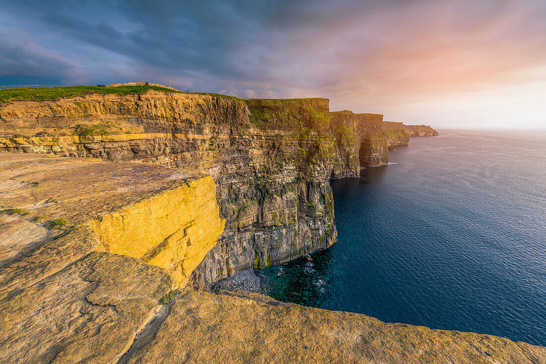 Cliffs of Moher Aillte an Mhothair , Doolin, County Clare, Munster province, Ireland, Europe, Sunset over the cliffs