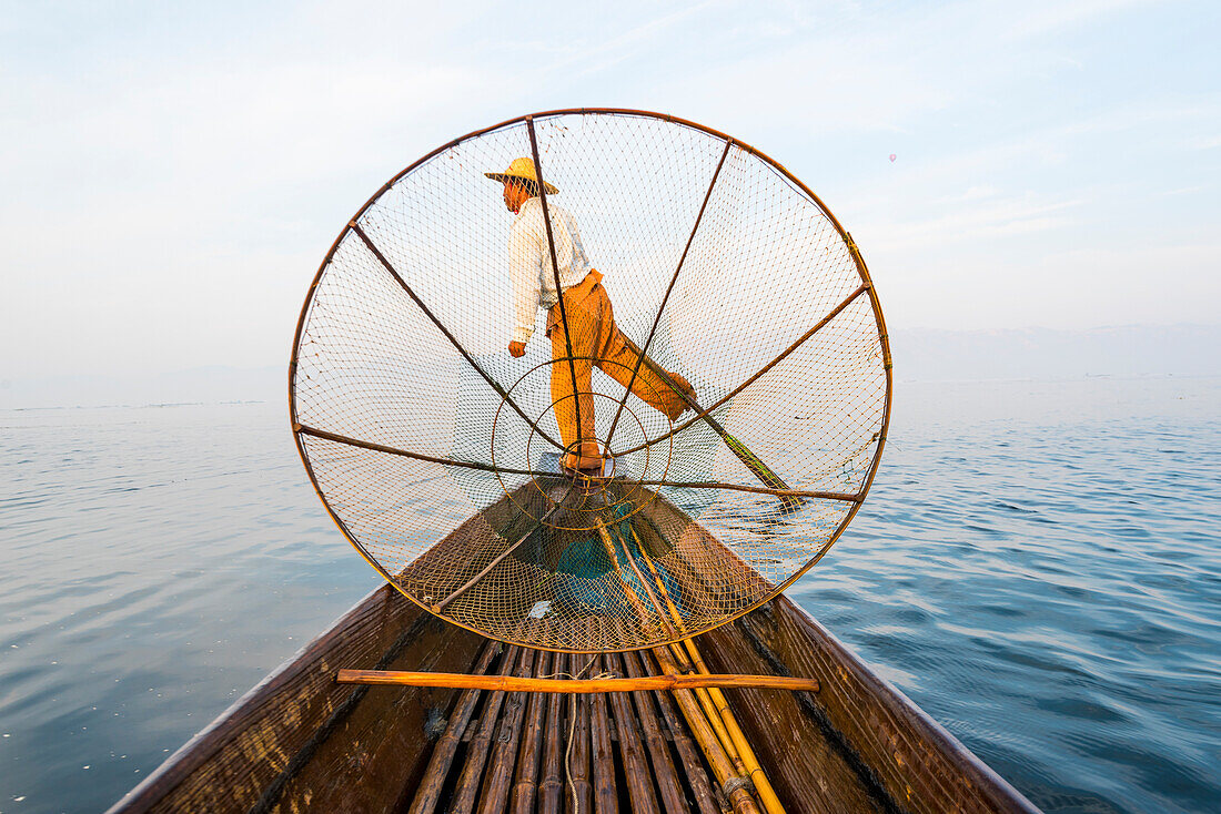 Inle lake, Nyaungshwe township, Taunggyi district, Myanmar Burma , Local fisherman with typical conic fishing net