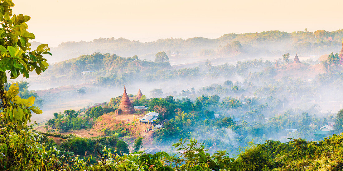 Mrauk-U, Rakhine state, Myanmar, Mrauk-U valley in a foggy sunrise seen from the Shwetaung pagoda