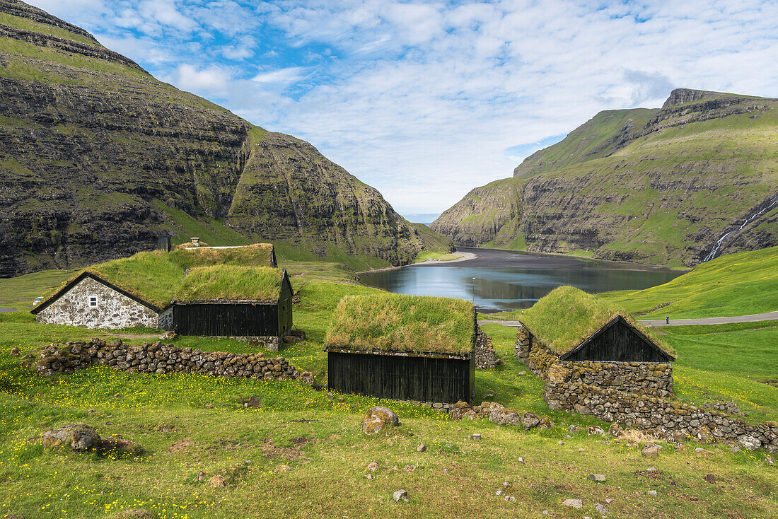 Saksun, Stremnoy island, Faroe Islands, Denmark, Iconic green roof houses