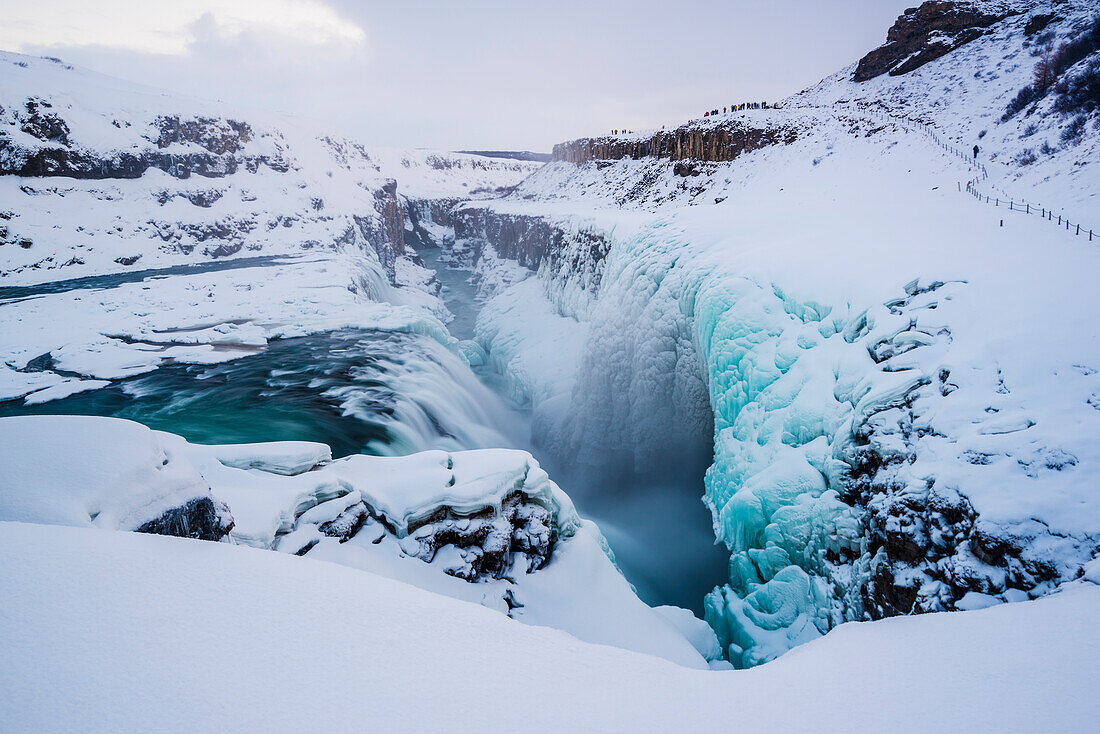 Iceland, Europe, Frozen Gullfoss waterfall in wintertime