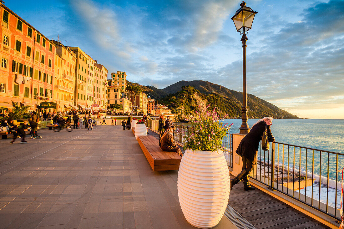 Sunset over the colored houses of the seafront, Camogli, Liguria, Italy