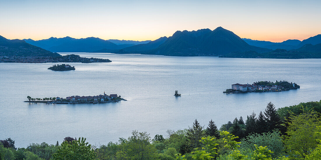 Borromean Islands, Stresa, Lake Maggiore, Verbano-Cusio-Ossola, Piedmont, Italy, Panoramic view over the isles at dawn
