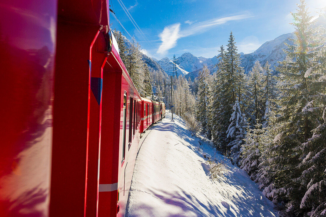 Iconic swiss red Bernina Express train in winter landscape and pristine snow, Swizerland, Europe