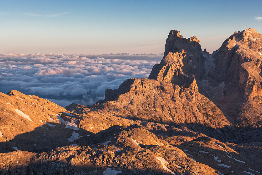 Europe, Italy, Trentino, Trento, Cimon della Pala, Passo Travignolo and Vezzana as seen from Fradusta, Pale di San Martino, Dolomites