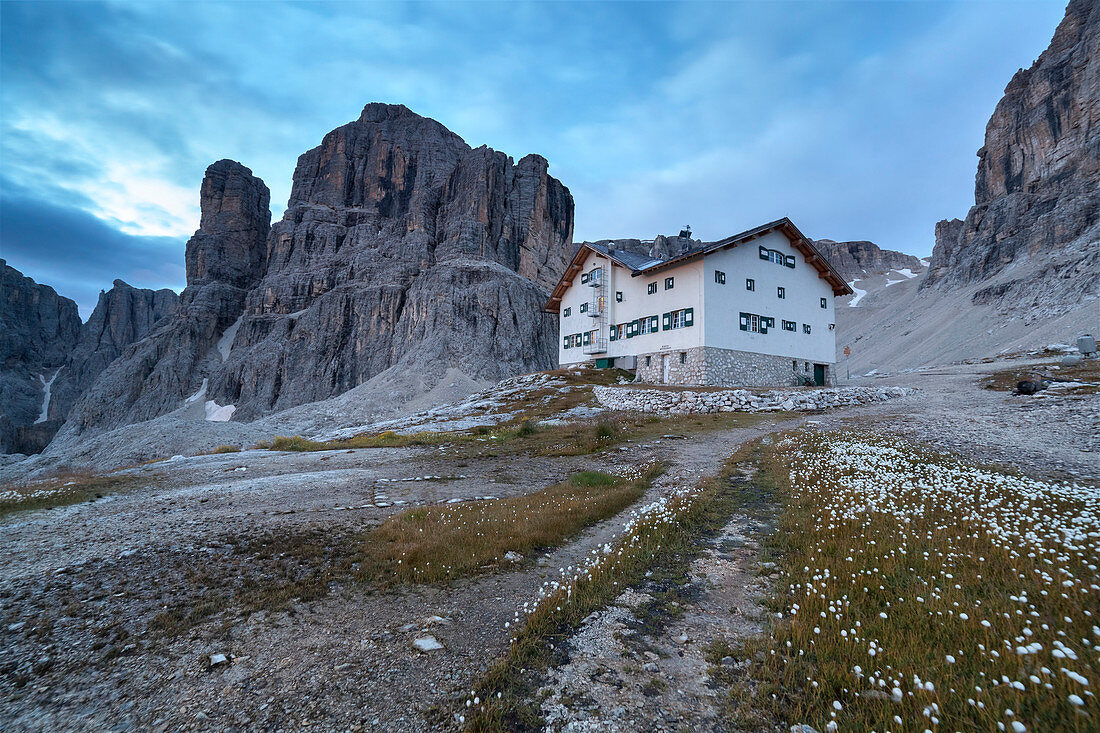 Europe, Italy, South Tyrol, Bolzano, Rifugio Franco Cavazza at Pisciadu in the Sella group with carpet of cotton grass in the foreground, Dolomites