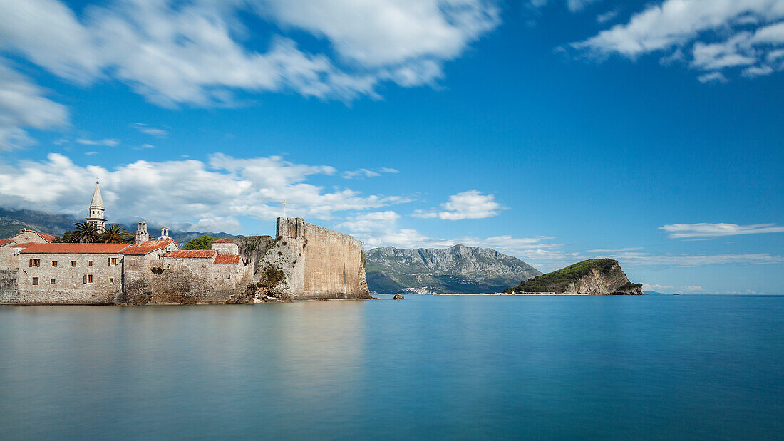 Europe, Balkans, Montenegro, View of Budva old town from the cliffs