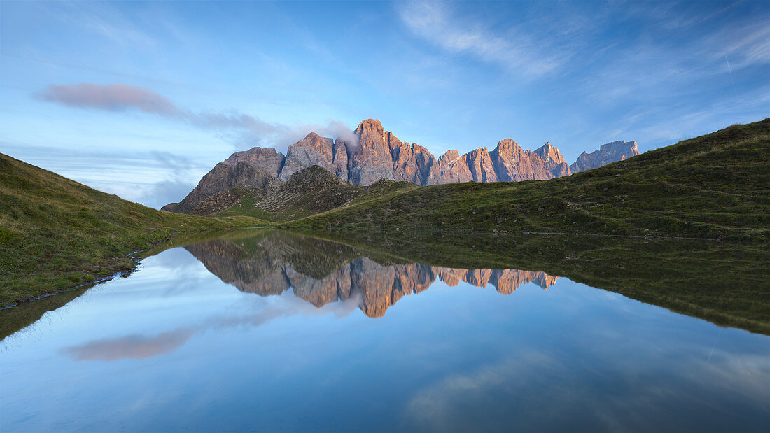 Europe, Italy, Trentino, Dolomites, The small lake of Caladora, not far from Valles pass, with the Pale di San Martino Pala group