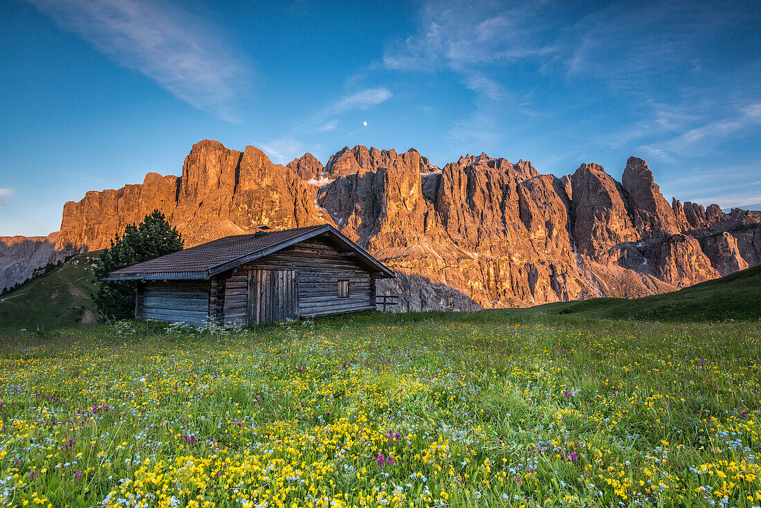 Passo Gardena, Dolomites South Tyrol, Italy, Alpenglow in the wall of the Sella