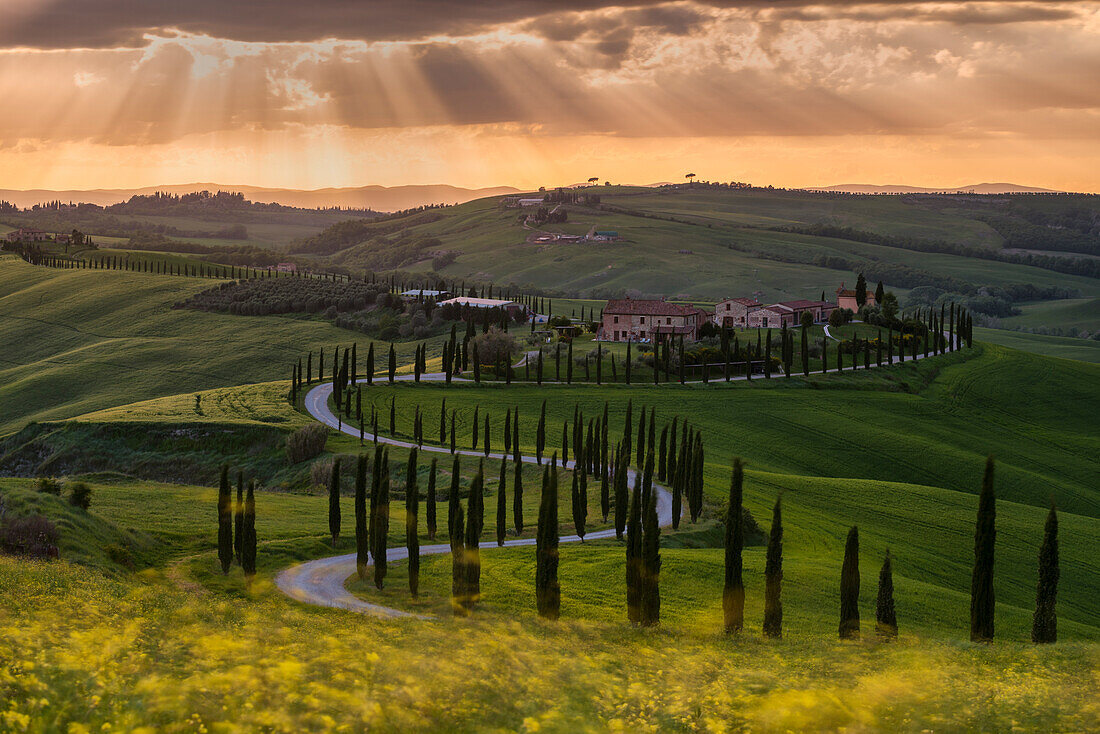 Europe, Italy, Baccoleno farmhouse at sunset, Crete Senesi, province of Siena