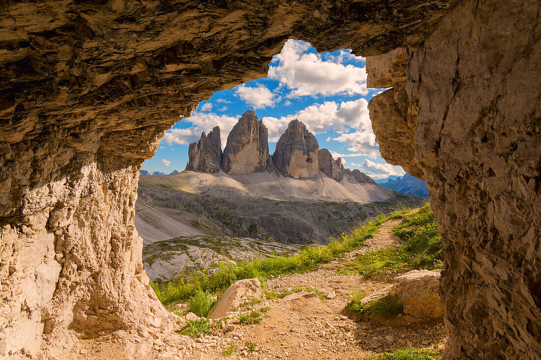 Three peaks of Lavaredo views from a cave, Bolzano Province, Trentino Alto Adige, Italy