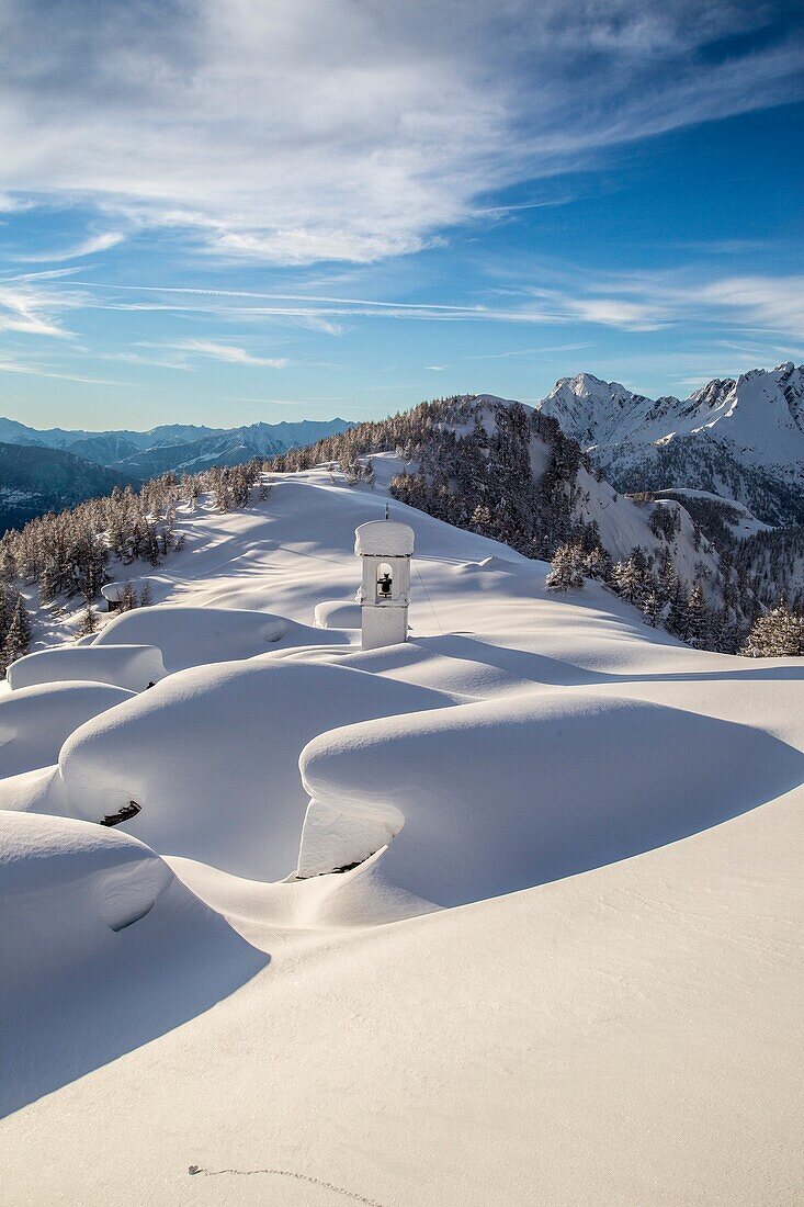 Alpe Scima under a thick layer of snow, Valchiavenna, Valtellina Lombardy Italy Europe