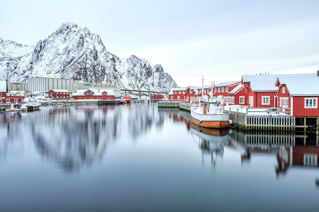 Port of Svollvaer with its characteristic houses on stilts, Lofoten Islands, Norway, Europe