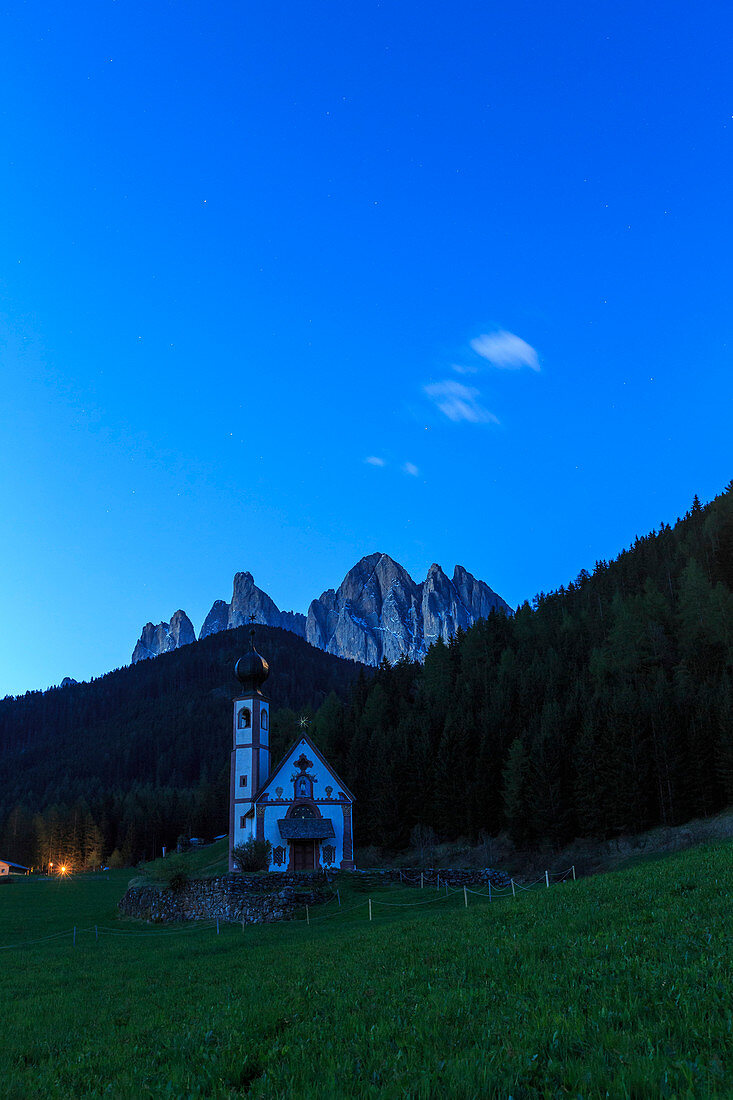 Ranui church at night, St, Magdalena Funes Valley South Tyrol Dolomites Italy Europe
