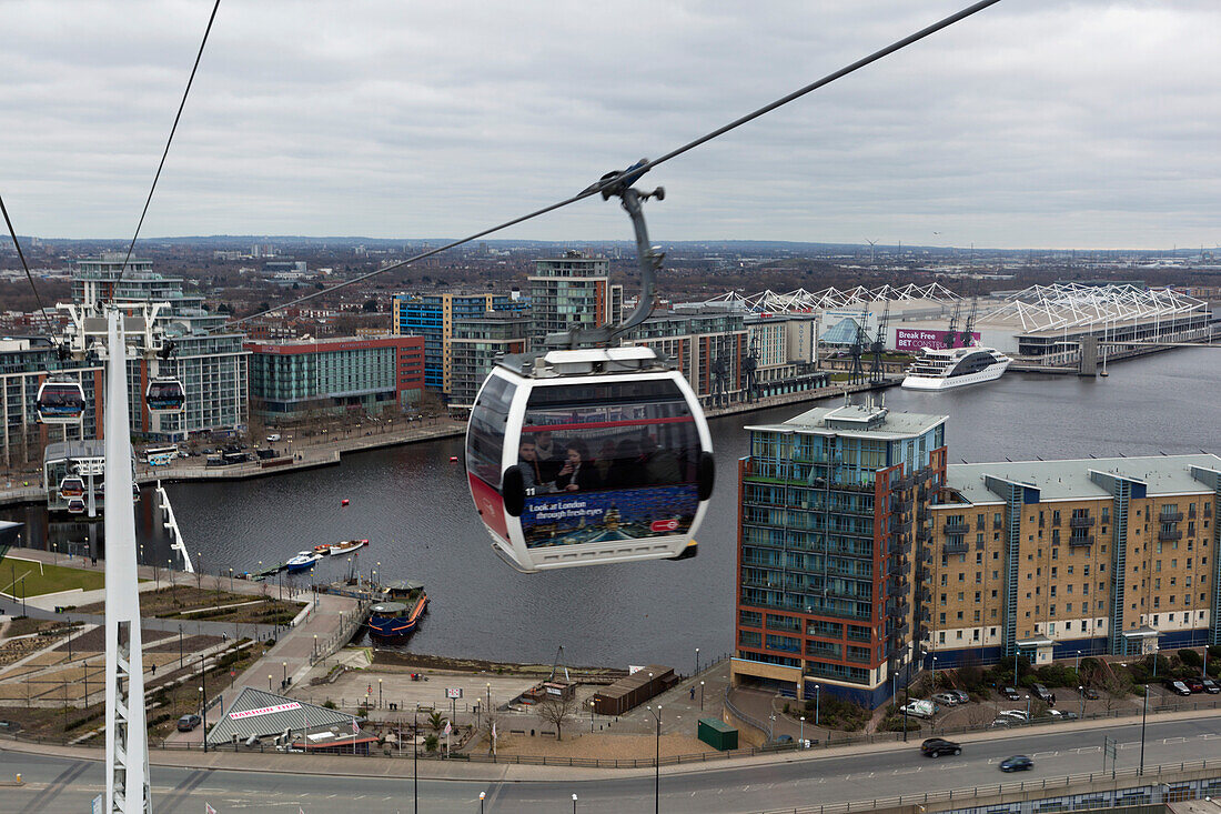Aboard Emirates Air Lines Cable Car 'Flying Eye', Docklands, London, England