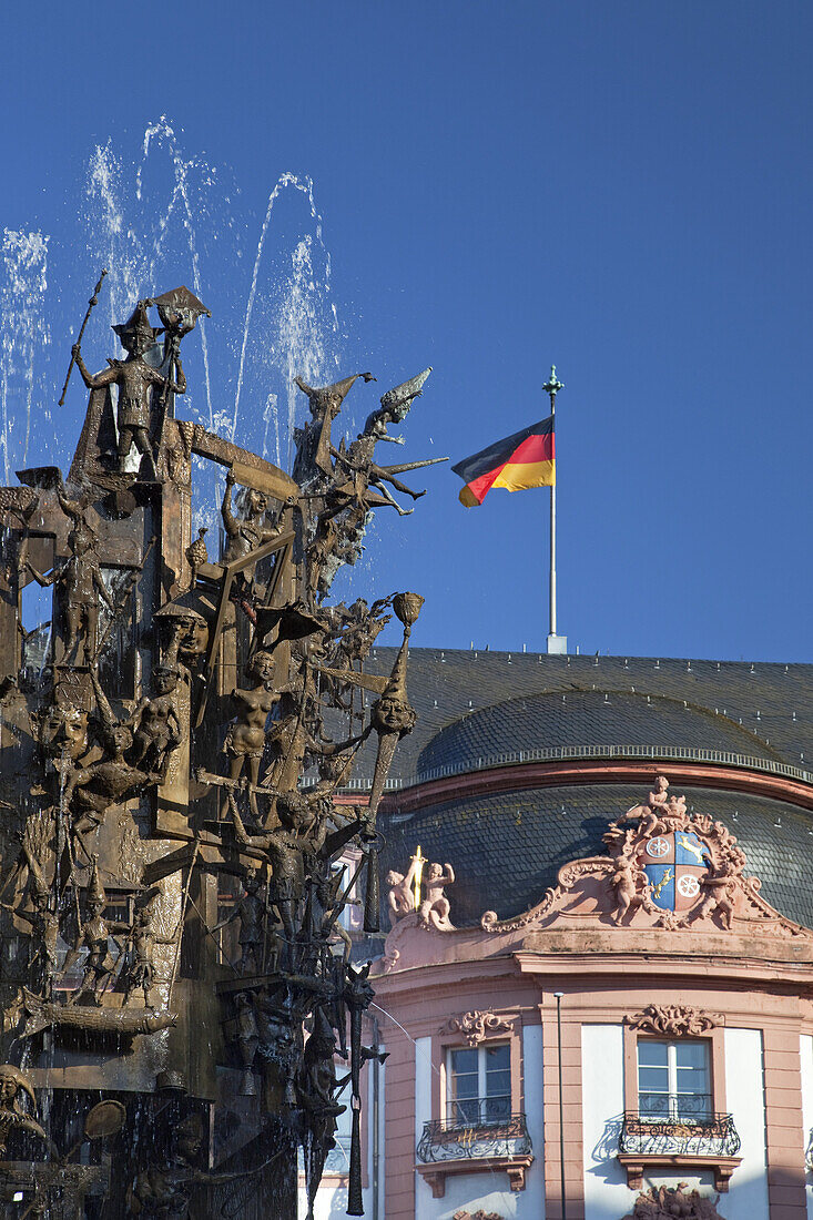 Building Oststeiner Hof withe the fontain Fastnachtsbrunnen at the Schillerplatz in the historic odl town of Mainz, Rhineland-Palatinate, Germany, Europe