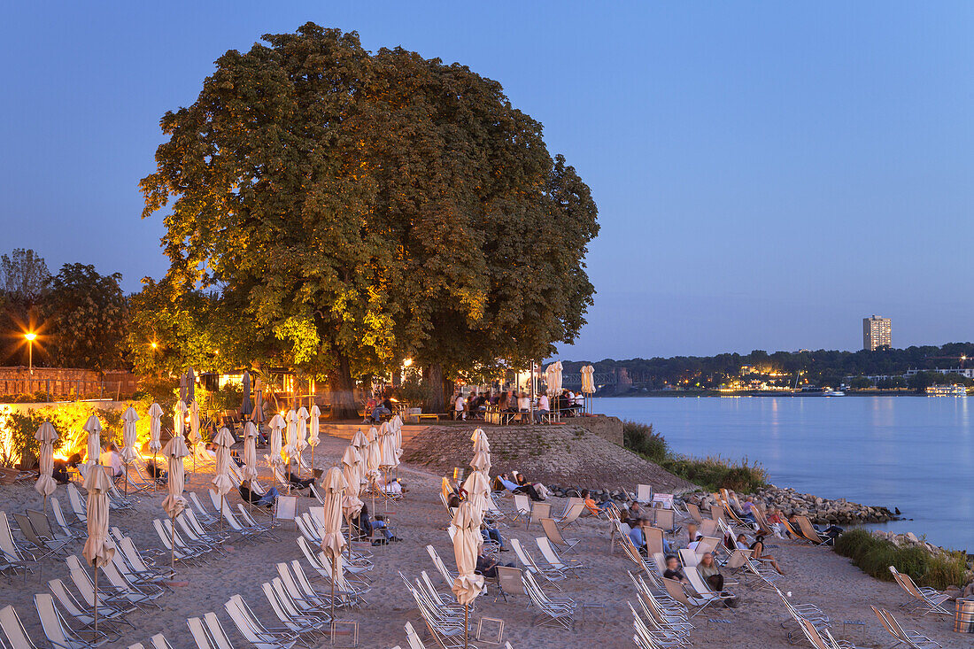 ' Beach Kasteller Strand along the river Rhine with the restaurant ''Bastion von Schoenborn'' in the background, Mainz Kastel, Wiesbaden, Hesse, Germany, Europe '