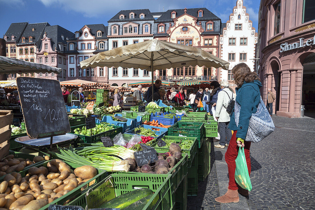 Wochenmarkt auf dem Marktplatz von Mainz, Rheinland-Pfalz, Deutschland, Europa