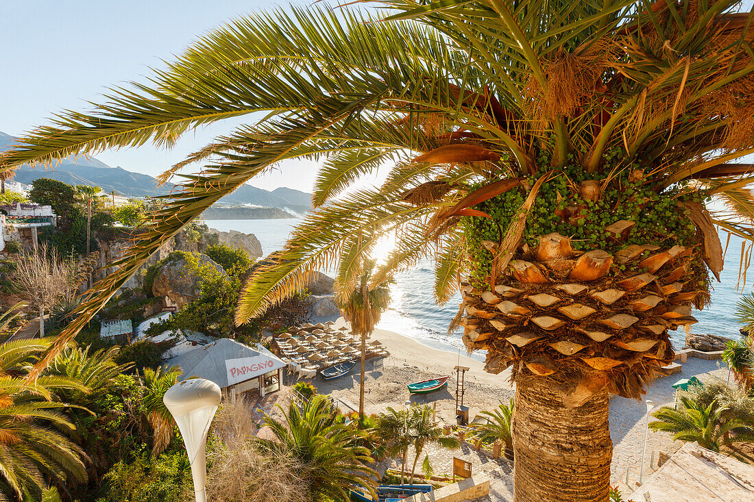 Playa de la Calahonda, beach below Balcon de Europa, viewpoint to the Mediterranean Sea, Nerja, Costa del Sol, Malaga province, Andalucia, Spain, Europe