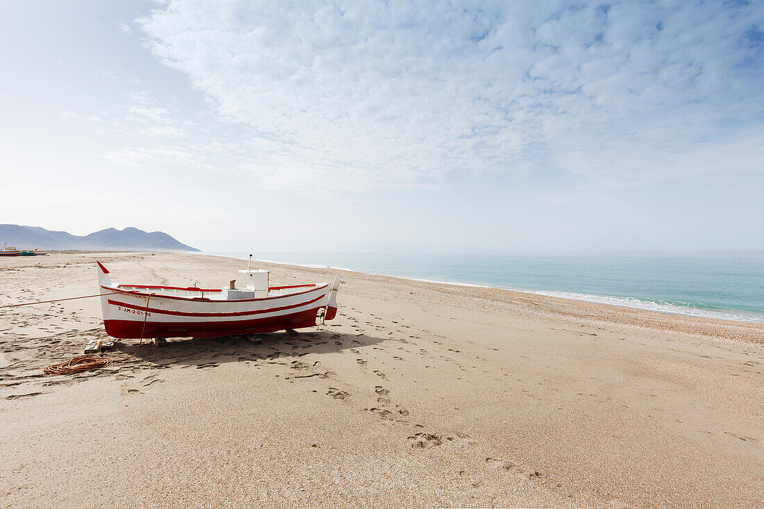 fishing boat on the beach, San Miguel de Cabo de Gata, Parque Natural Cabo de Gata-Nijar, natural park, UNESCO Biosphere Reserve, Mediterranean Sea, Almeria province, Andalucia, Spain, Europe