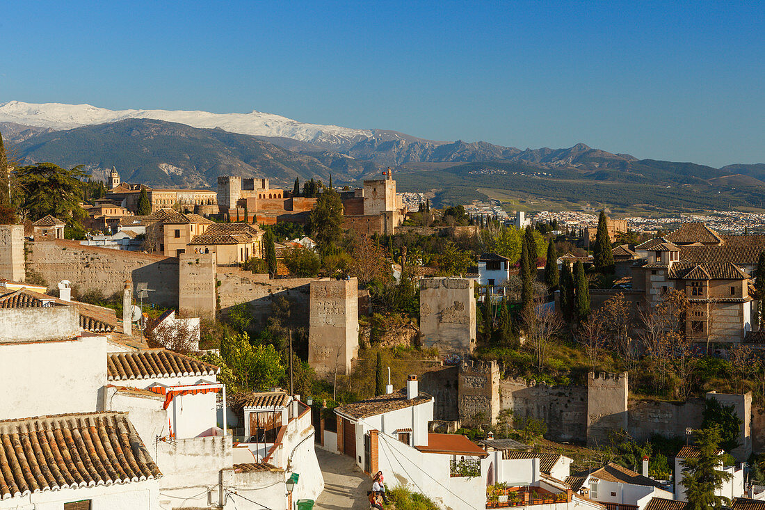 historic town wall, Alhambra and Sierra Nevada, palace with moorish architecture, UNESCO World Heritage, Granada, Andalucia, Spain, Europe