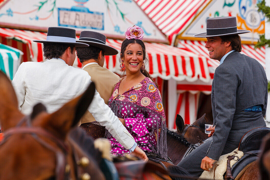 horseriding couple, horse, Feria de Abril, Seville Fair, spring festival, Sevilla, Seville, Andalucia, Spain, Europe