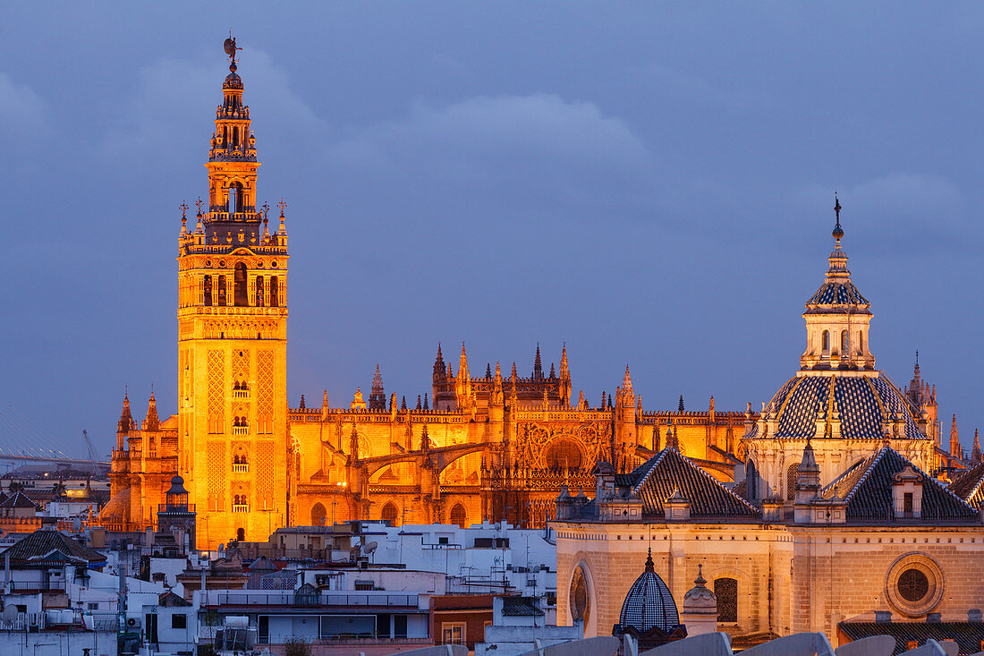 view to the old town with the cathedral, Giralda, bell tower of the cathedral, UNESCO World Heritage, Seville, Andalucia, Spain, Europe