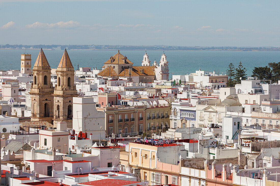 San Antonio, church, and Parroquia de Nuestra Senora del Carmen, church, Cadiz, Costa de la Luz, Atlantic Ocean, Cadiz, Andalucia, Spain, Europe