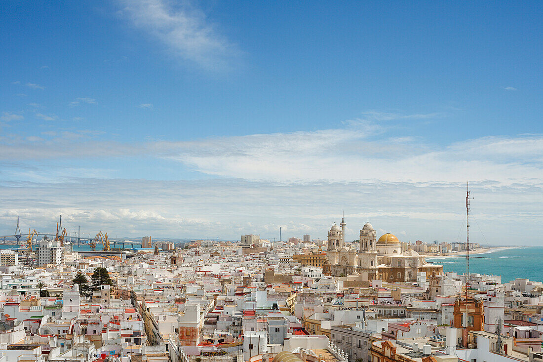 view from Torre Tavira, viewing tower, old town with cathedral, Cadiz, Costa de la Luz, Atlantic Ocean, Cadiz, Andalucia, Spain, Europe