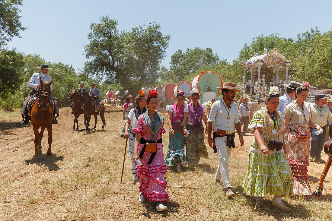 Pilger, El Rocio, Wallfahrt nach El Rocio, Fest, Pfingsten, Provinz Huelva, Provinz Sevilla, Andalusien, Spanien, Europa