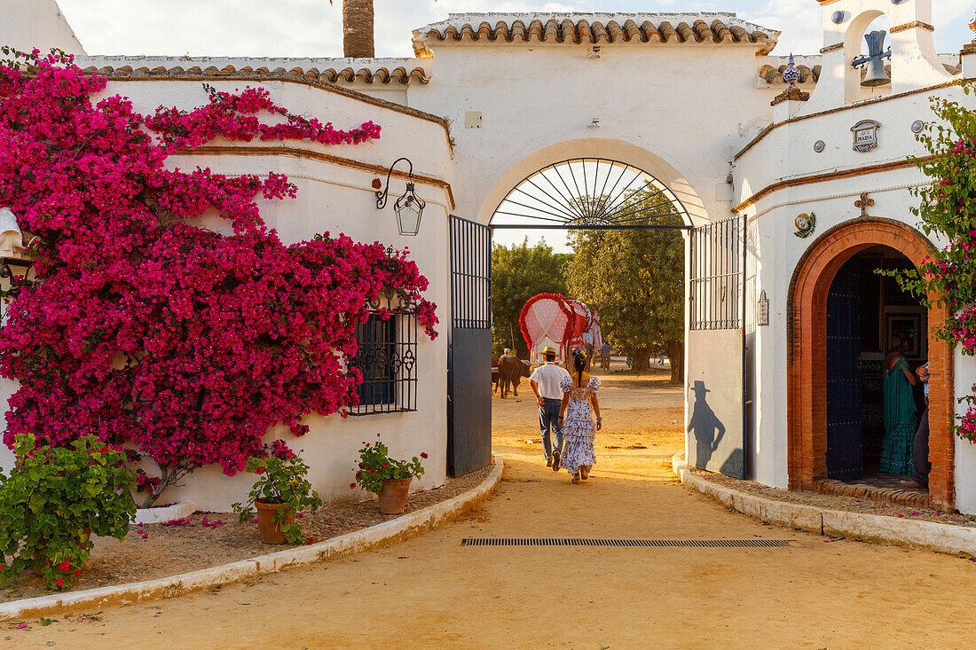 gateway and chapel of a country Estate, El Rocio pilgrimage, Pentecost festivity, Huelva province, Sevilla province, Andalucia, Spain, Europe