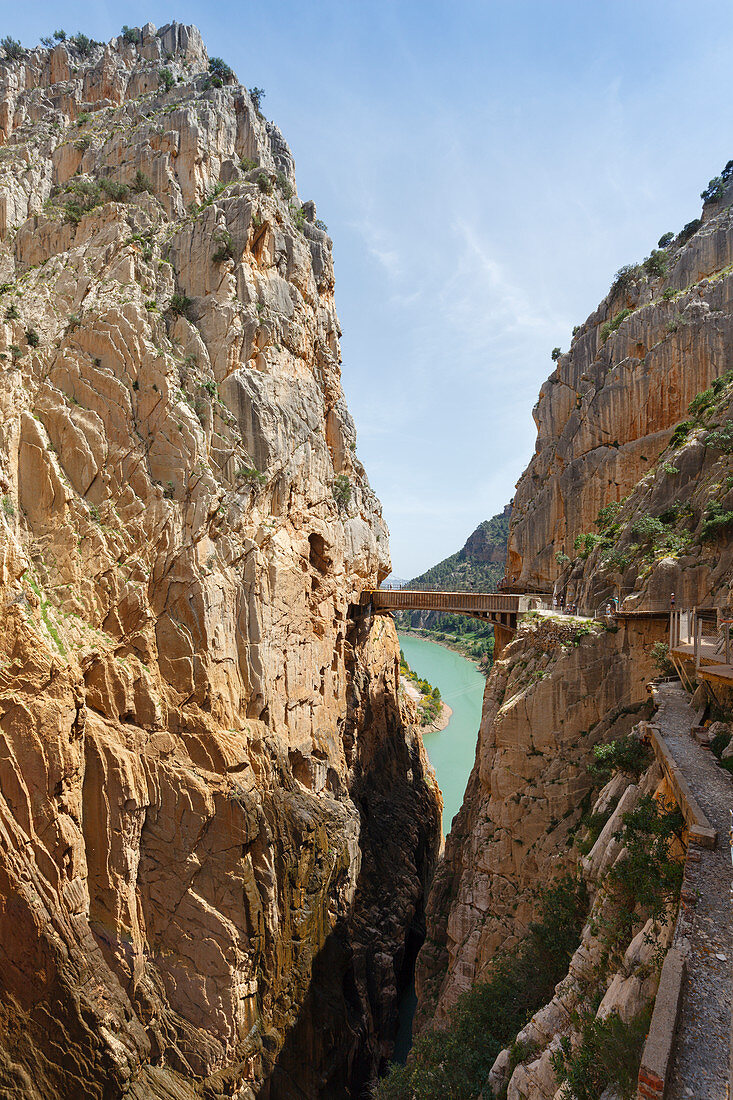Caminito del Rey, via ferrata, hiking trail, gorge, Rio Guadalhorce, river, Desfiladero de los Gaitanes, near Ardales, Malaga province, Andalucia, Spain, Europe