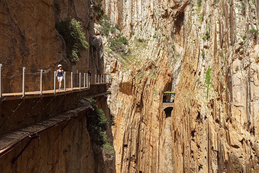 hiker on the Caminito del Rey, via ferrata, hiking trail, gorge, Rio Guadalhorce, river, Desfiladero de los Gaitanes, near Ardales, Malaga province, Andalucia, Spain, Europe