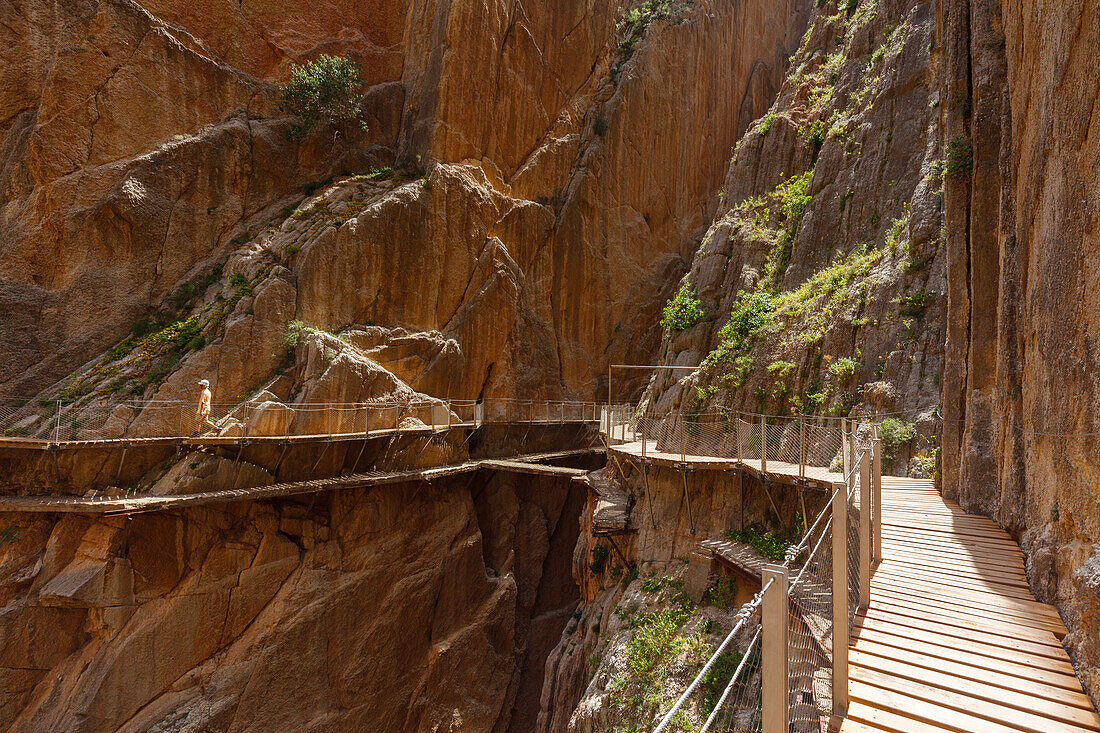 hiker on the Caminito del Rey, via ferrata, hiking trail, gorge, Rio Guadalhorce, river, Desfiladero de los Gaitanes, near Ardales, Malaga province, Andalucia, Spain, Europe