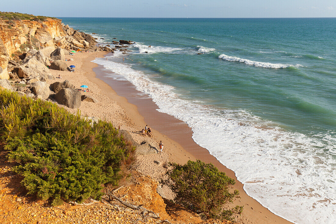 Cala Tio Juan Medina, Bucht, Strand, Calas de Roche, bei Conil, Costa de la Luz, Atlantik, Provinz Cadiz, Andalusien, Spanien, Europa