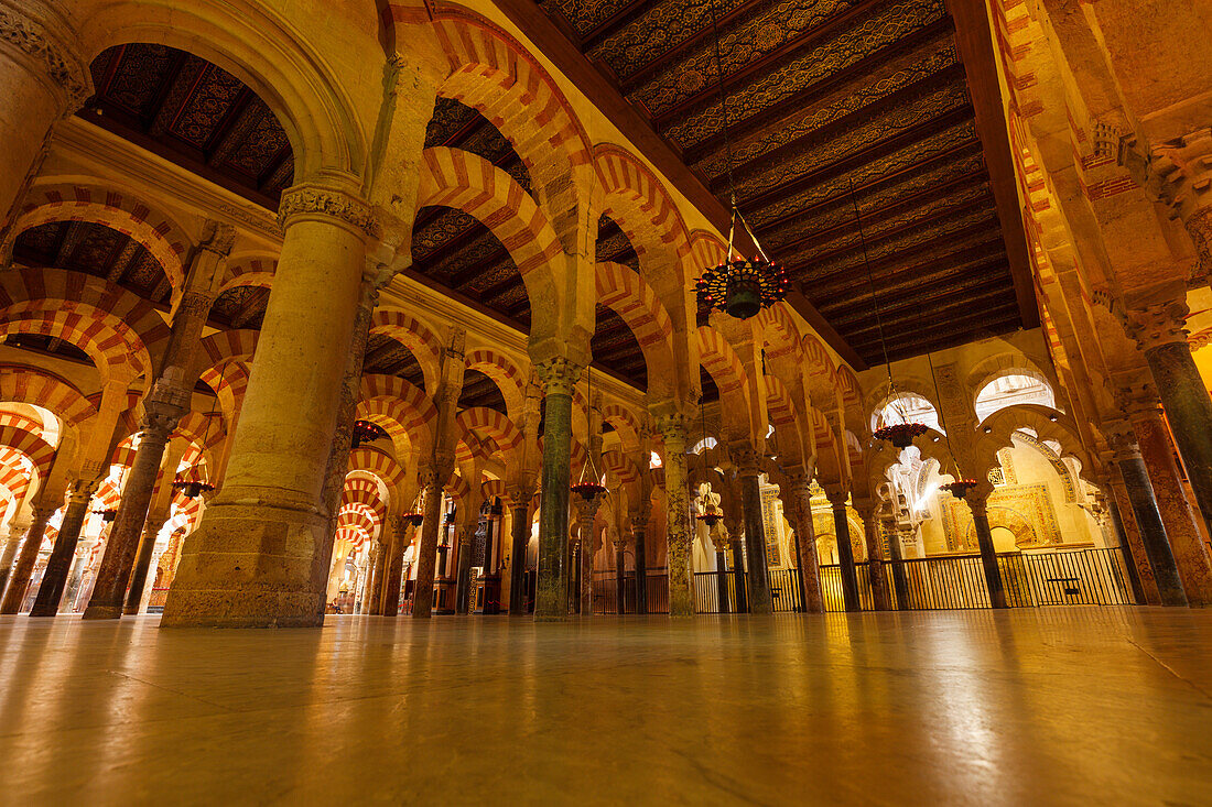 Gebetrhalle mit Säulen, Mihrab, La Mezquita, Moschee, maurische Architektur, historisches Stadtzentrum von Cordoba, UNESCO Welterbe, Cordoba, Andalusien, Spanien, Europa