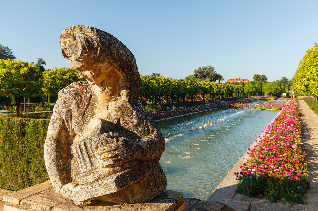 sculpture near pond in the gardens of the Alcazar de los Reyes Cristianos, royal residence, historic centre of Cordoba, UNESCO World Heritage, Cordoba, Andalucia, Spain, Europe
