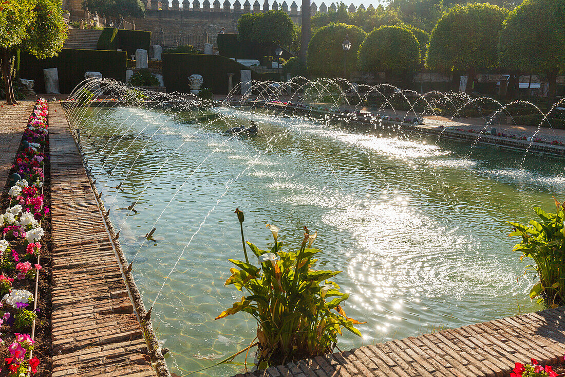 pond, fountains in the gardens of the Alcazar de los Reyes Cristianos, royal residence, historic centre of Cordoba, UNESCO World Heritage, Cordoba, Andalucia, Spain, Europe