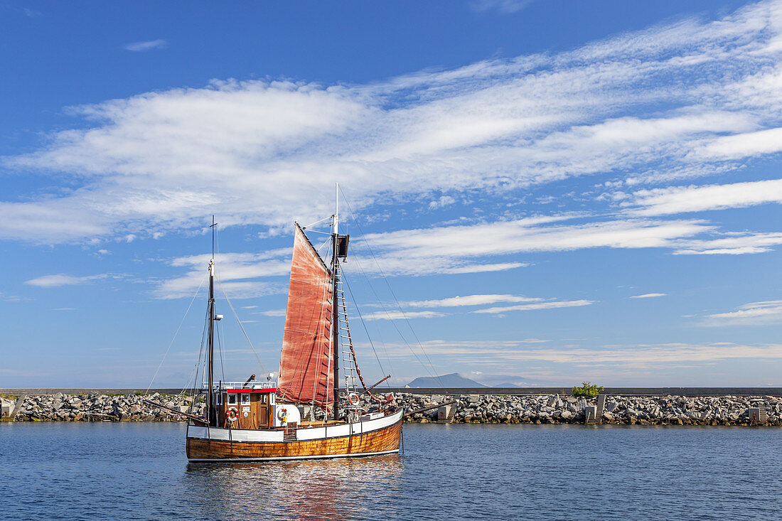 Sailboat in the harbour of Alnes, Isle Godoy near Alesund, More og Romsdal, Western Norway, Norway, Scandinavia, Northern Europe, Europe