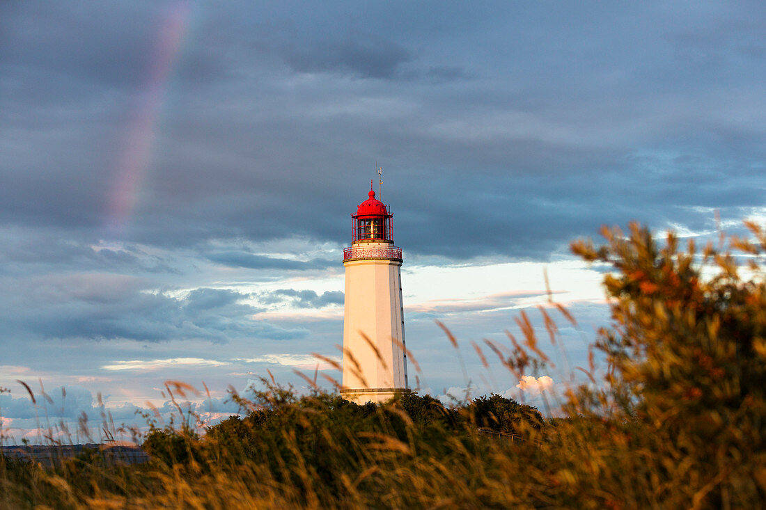 lighthouse Dornbusch at dusk with rainbow, National Park, Hiddensee Island, Mecklenburg-Western Pomerania, Germany, Europe